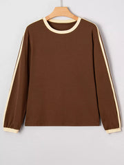 Dark brown long-sleeve t-shirt with contrast crew neck and stripe details on sleeves.
