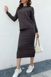 Dark Gray ribbed knit midi co-ord set with crew neck sweater and pencil skirt.