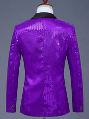 Men's purple sequin tuxedo blazer with black lapel and button cuffs.
