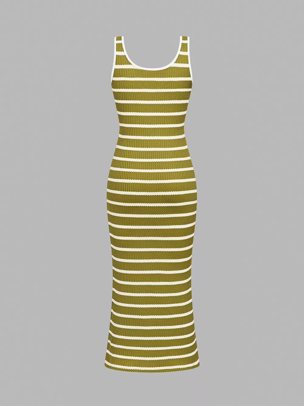 Matcha ribbed striped bodycon midi dress with white trim.