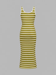 Matcha ribbed striped bodycon midi dress with white trim.