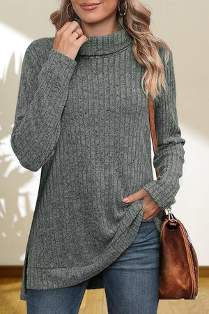 Heather gray ribbed knit turtleneck tunic top with side slits and long sleeves.