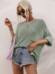 Relaxed knit tunic top in sage with boat neck and chest pocket.