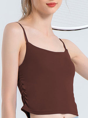 Sculpted side-ruching tank top in chestnut with spaghetti straps and a square neckline.
