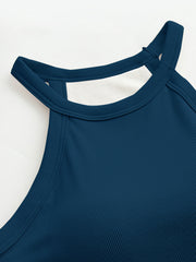 Ribbed halter tank top in Peacock Blue with built-in bra and racerback detail.