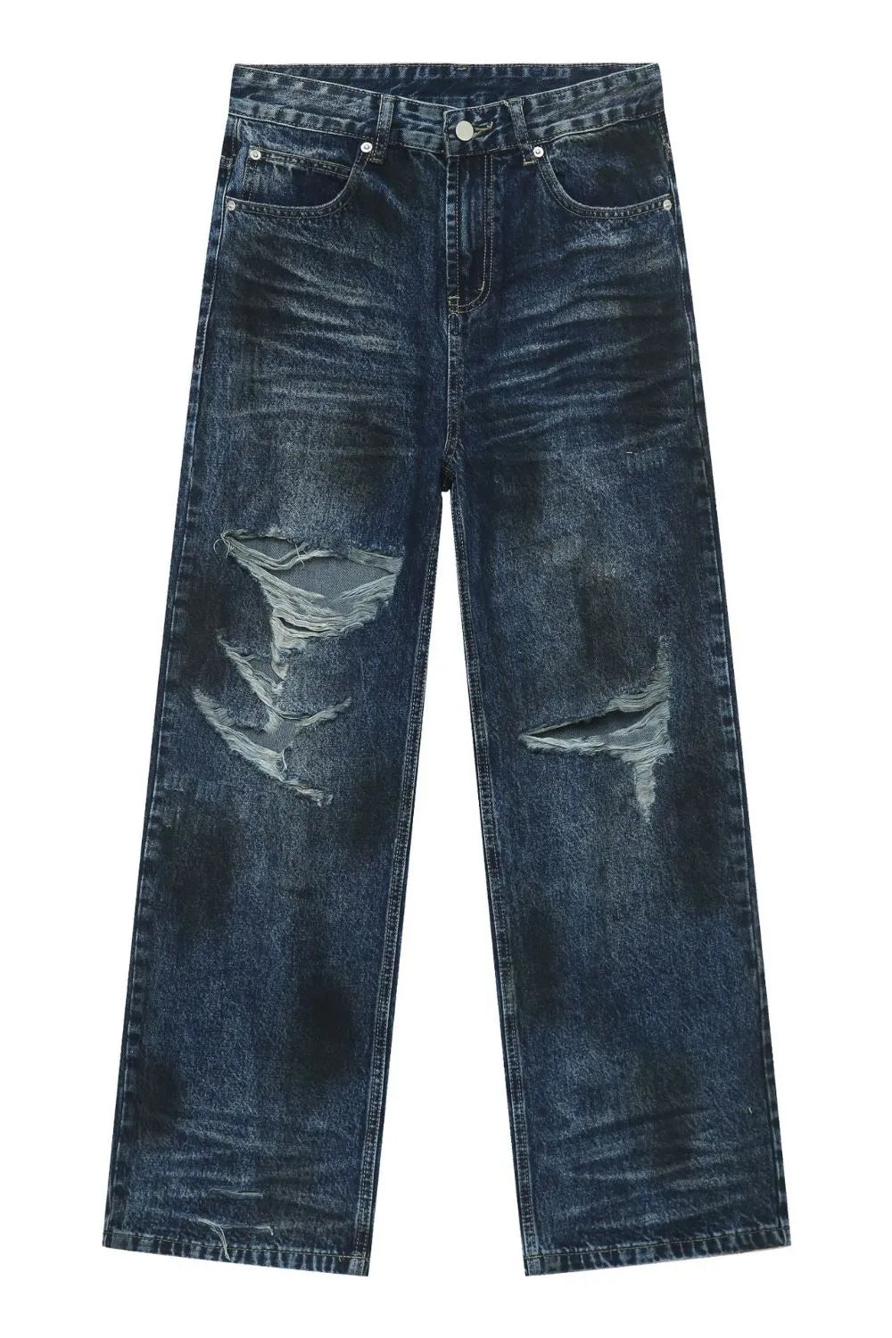 Dark wash distressed denim jeans with ripped details and a relaxed fit.