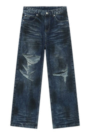Dark wash distressed denim jeans with ripped details and a relaxed fit.