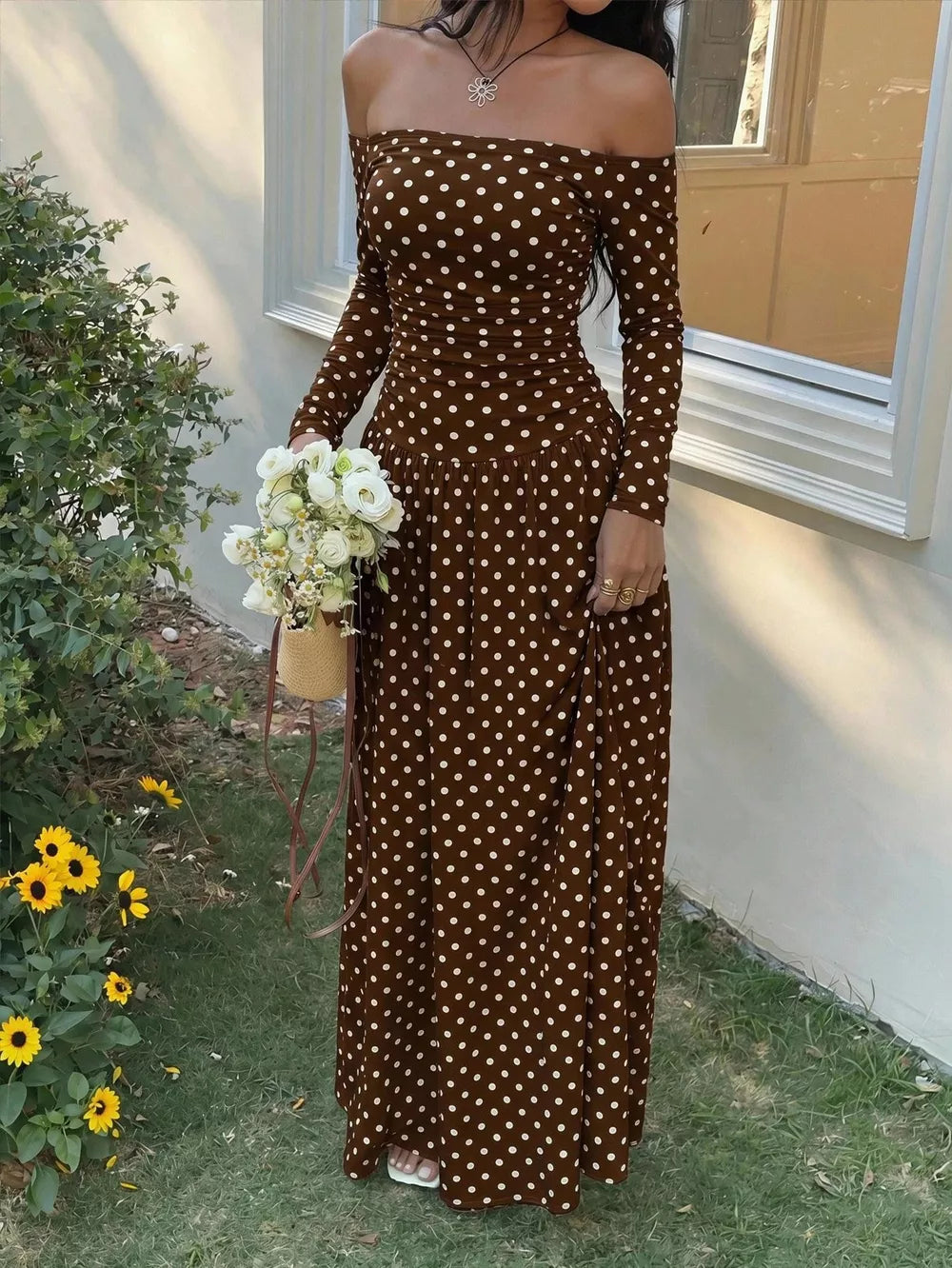 Off-the-shoulder Maxi Dress in Brown, view 20