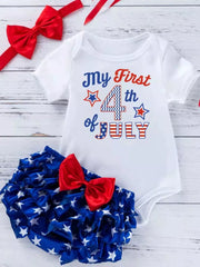 White baby onesie with "My First 4th of July" graphic and ruffled star bloomer with red bow.