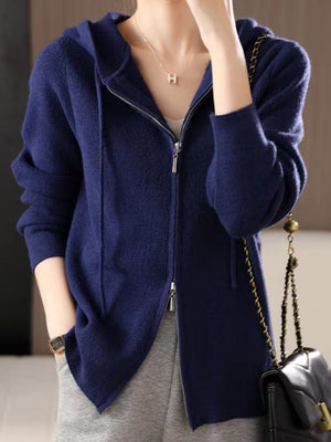 Dark Blue ribbed knit zip-through hoodie with a full zipper and hood.