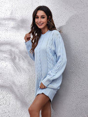 Misty blue cable knit sweater dress with crew neck and long sleeves.