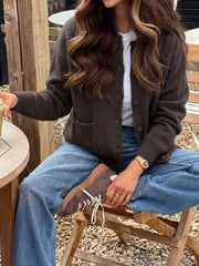Crew Neck Button-up Cardigan in Brown, side view