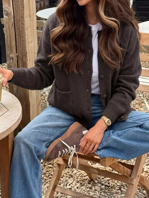 Crew Neck Button-up Cardigan in Brown, side view