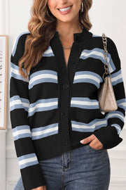 Black and blue striped knit cardigan with button front and ribbed cuffs.