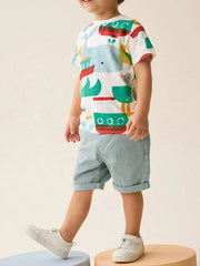 Toddler boys white cotton t-shirt with a colorful marine theme print.