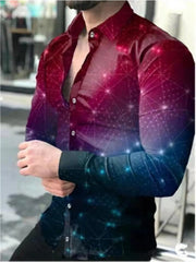 Cosmic print button-down shirt in gradient scarlet to dark blue, cotton blend, long sleeves.