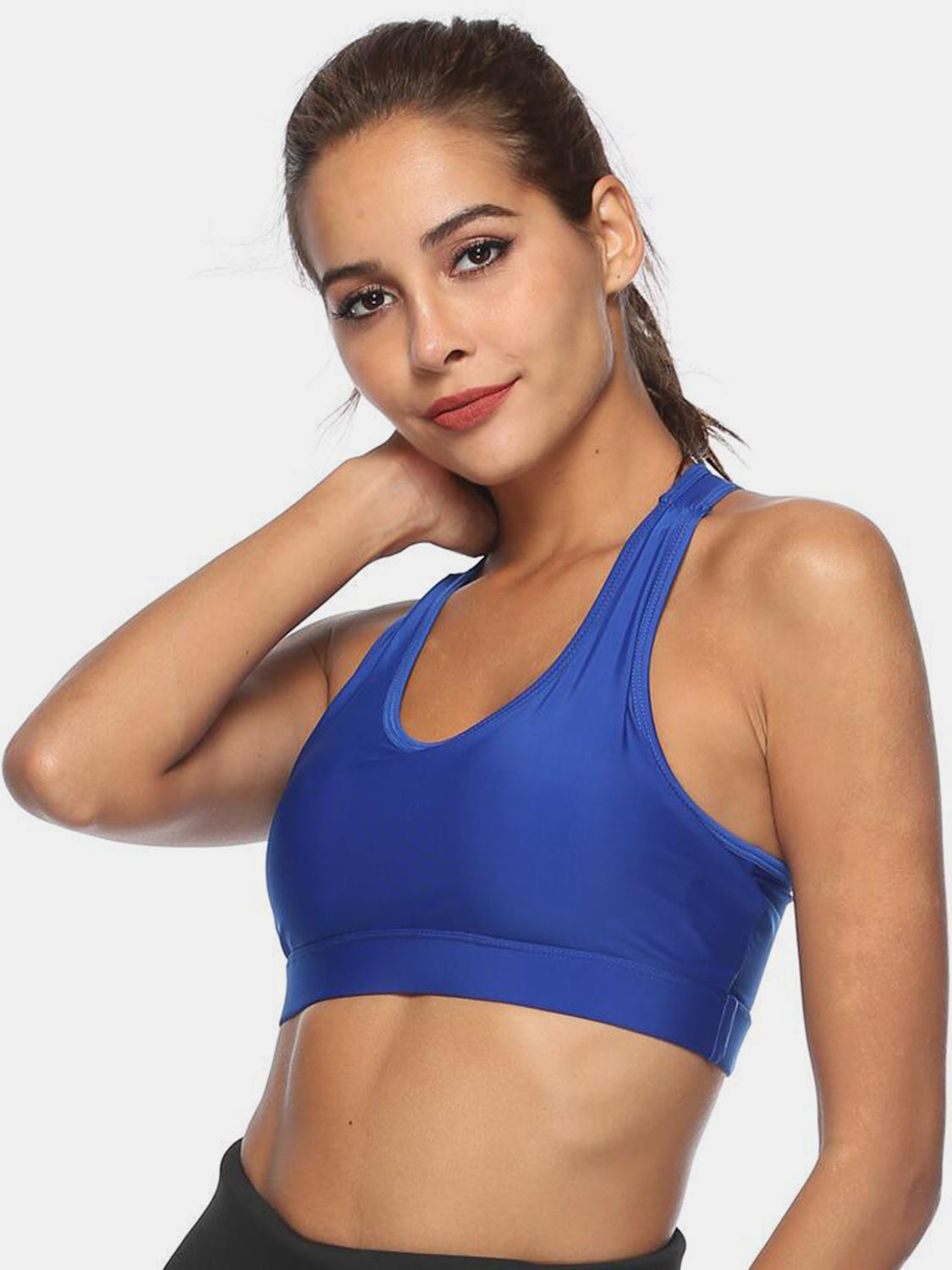 Royal blue racerback sports bra with a scoop neckline and wide band.