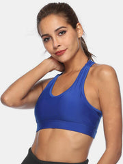 Royal blue racerback sports bra with a scoop neckline and wide band.