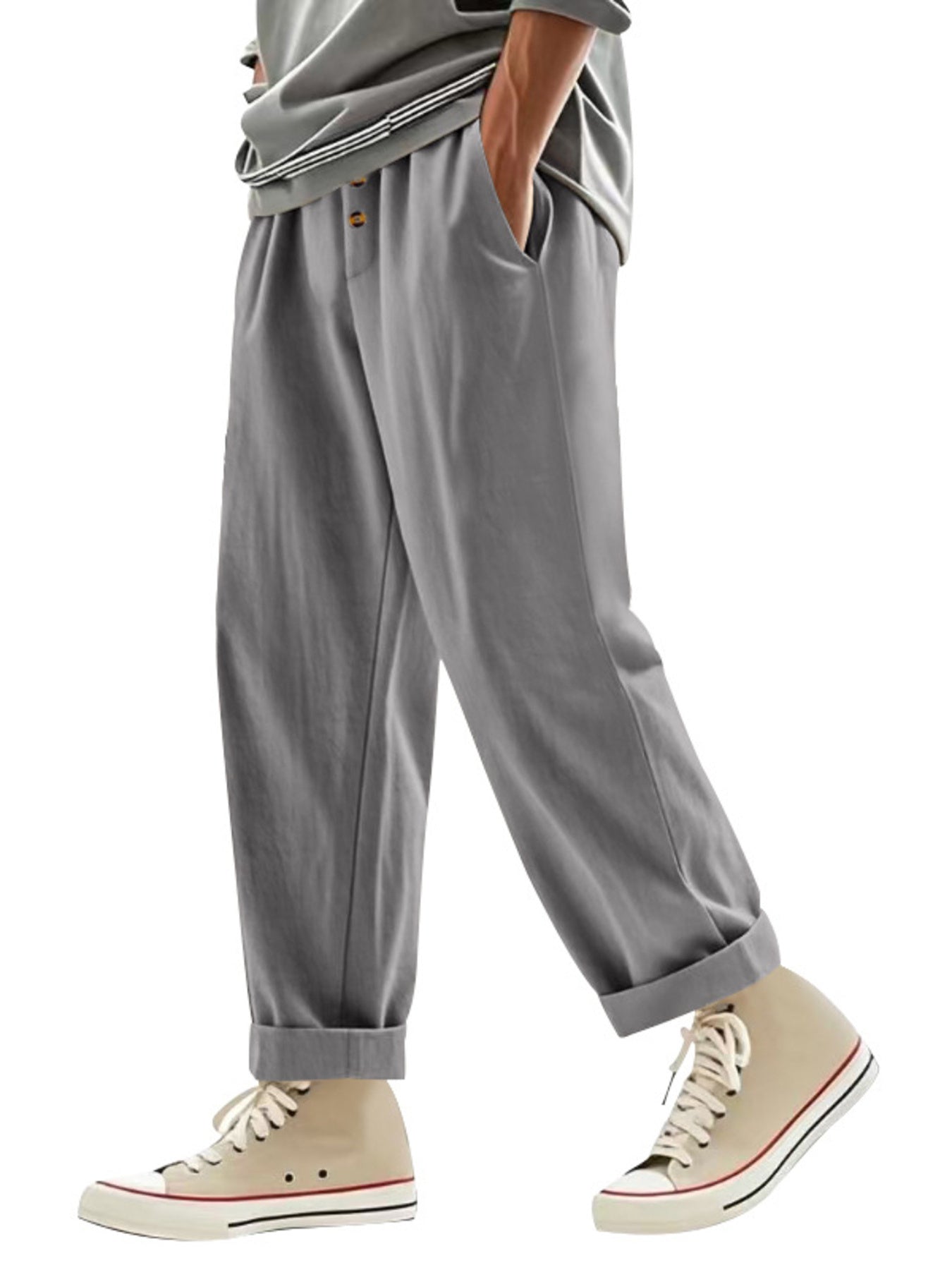 Men's grey loose fit sweatpants with drawstring waist and button detail.