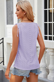 Lavender eyelet button-down tank top with tie shoulders and a square neckline.