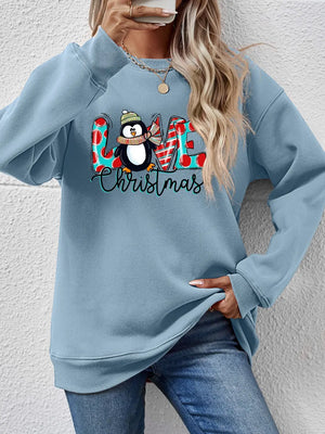 Air Force Blue crewneck sweatshirt with festive penguin and "LOVE Christmas" graphic.