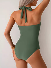 Army Green one-piece swimsuit with halter neck and tie back detail.