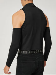 Black ribbed sleeveless top with detachable sleeves and mock neck