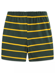 Dark green cotton baby shorts with yellow horizontal stripes and elastic waistband.
