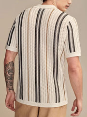 Textured knit polo shirt with vertical stripes in beige, black, and brown.