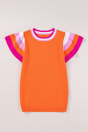 Orange knit blouse with flutter sleeves and colorblock trim on neckline and sleeves.