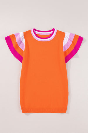 Orange knit blouse with flutter sleeves and colorblock trim on neckline and sleeves.