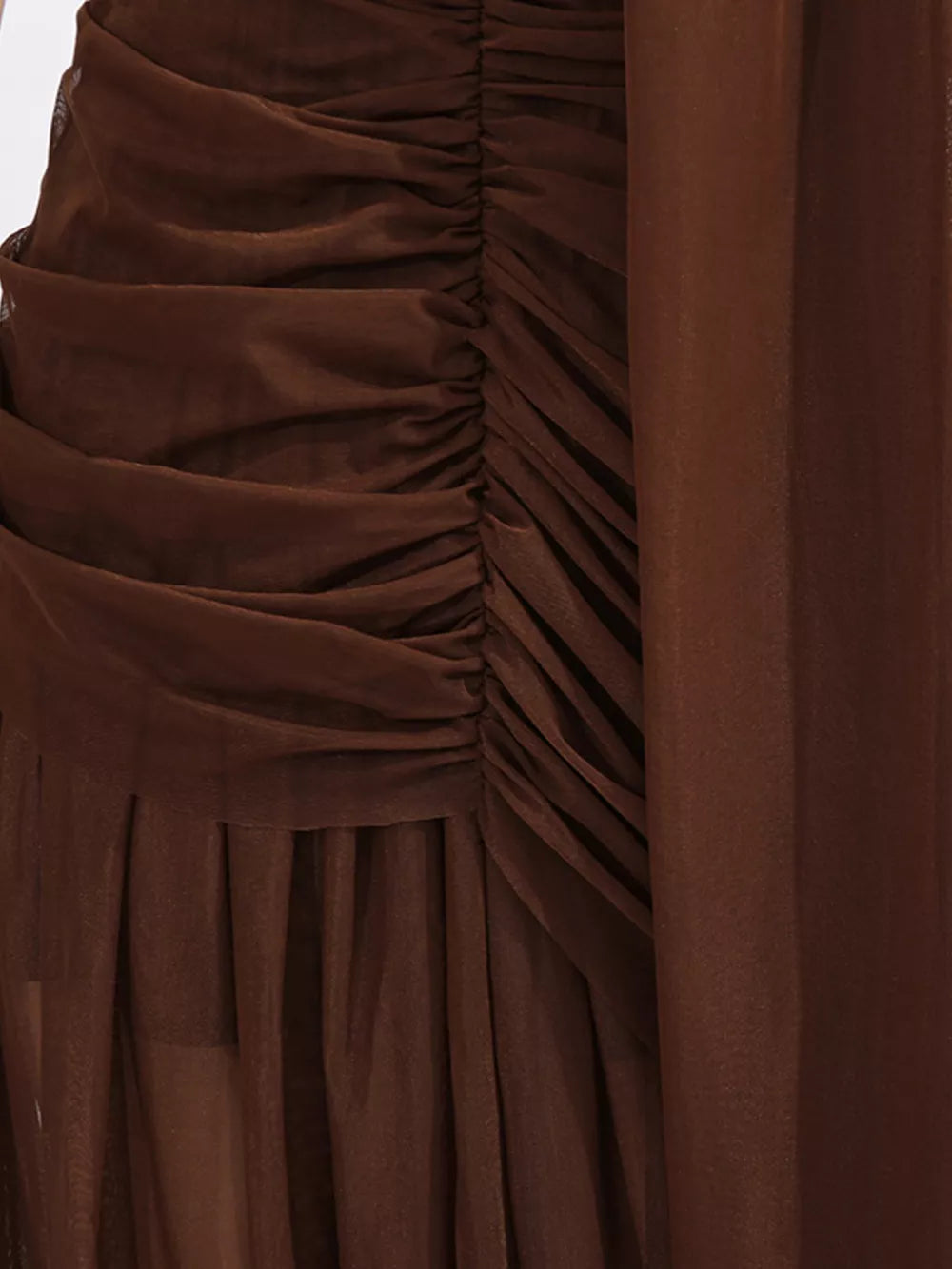 Brown draped one-shoulder maxi dress with ruched detailing.