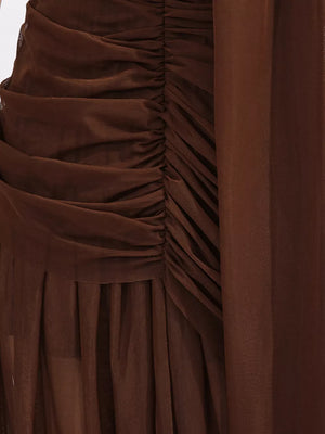 Brown draped one-shoulder maxi dress with ruched detailing.