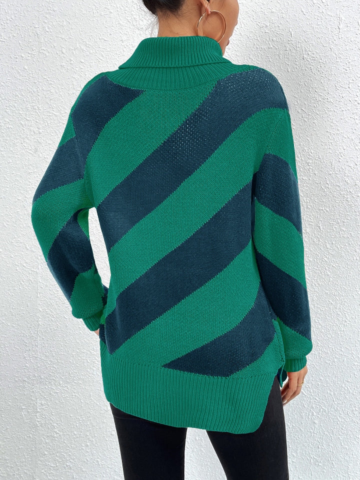 Diagonal stripe turtleneck sweater in dark green and navy acrylic knit.
