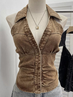 Gathered denim halter top with collar in khaki, buttoned front and ruched sides.