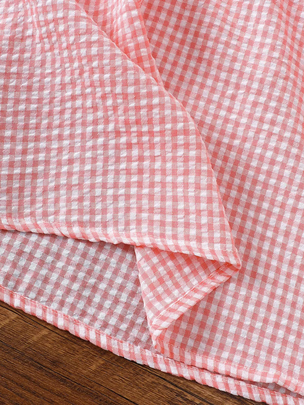 Children's Smocked Plaid Ruffle Sleeve Dress in Pink, fabric detail
