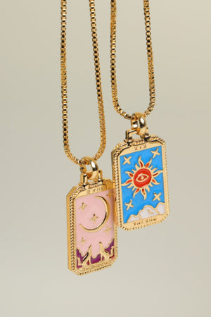 Celestial tarot pendant necklaces in Sun and Moon designs, gold chain, enamel finish