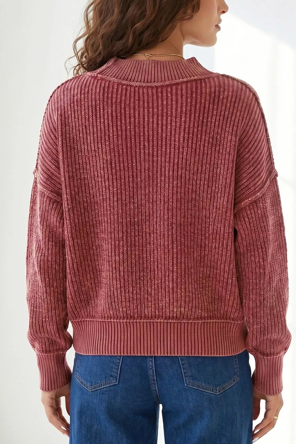 Drop Shoulder High Neck Ribbed Sweater in Burgundy, side view