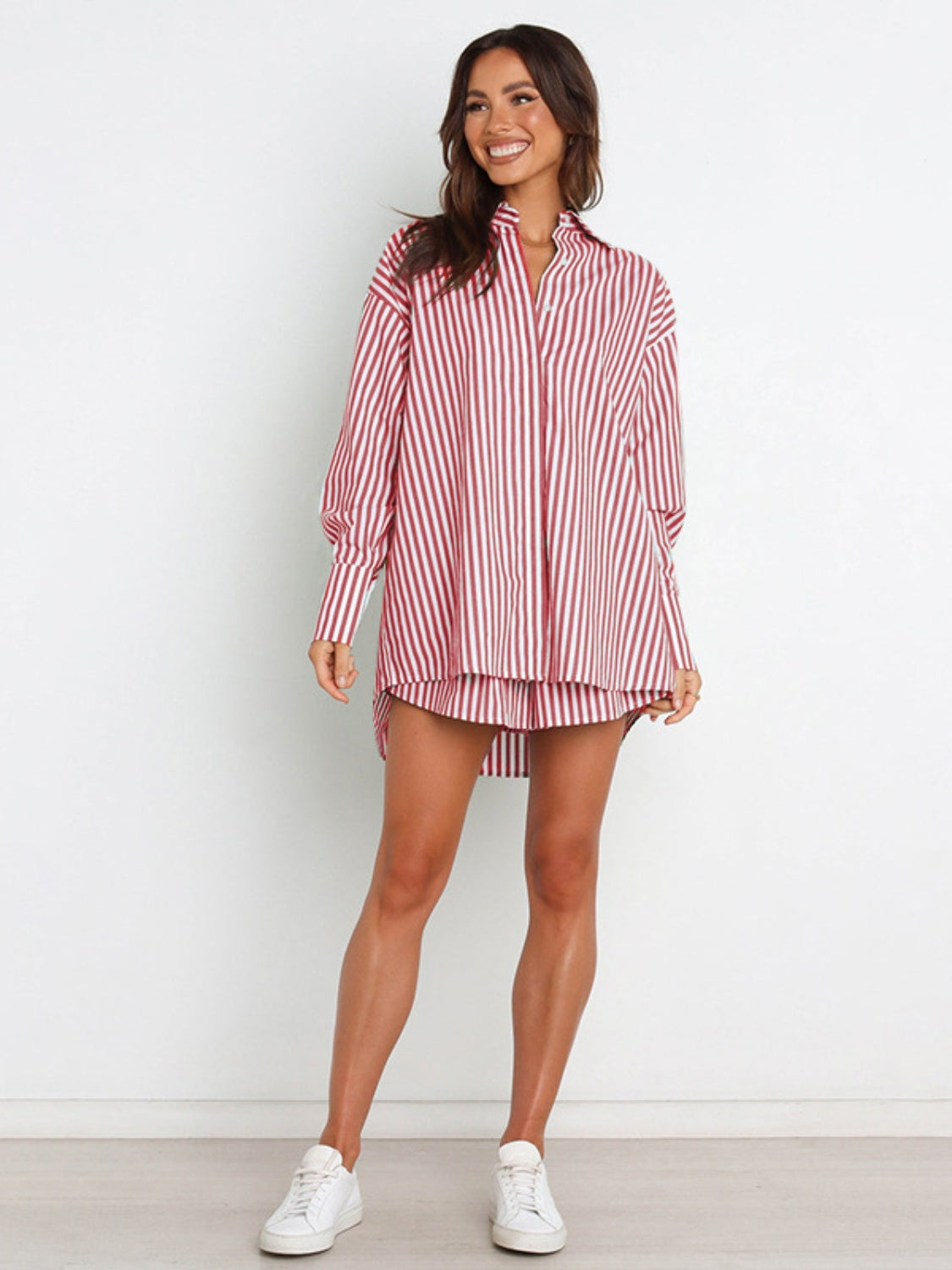 Oversized red and white stripe shirting set with button-up shirt and matching shorts.