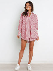 Oversized red and white stripe shirting set with button-up shirt and matching shorts.