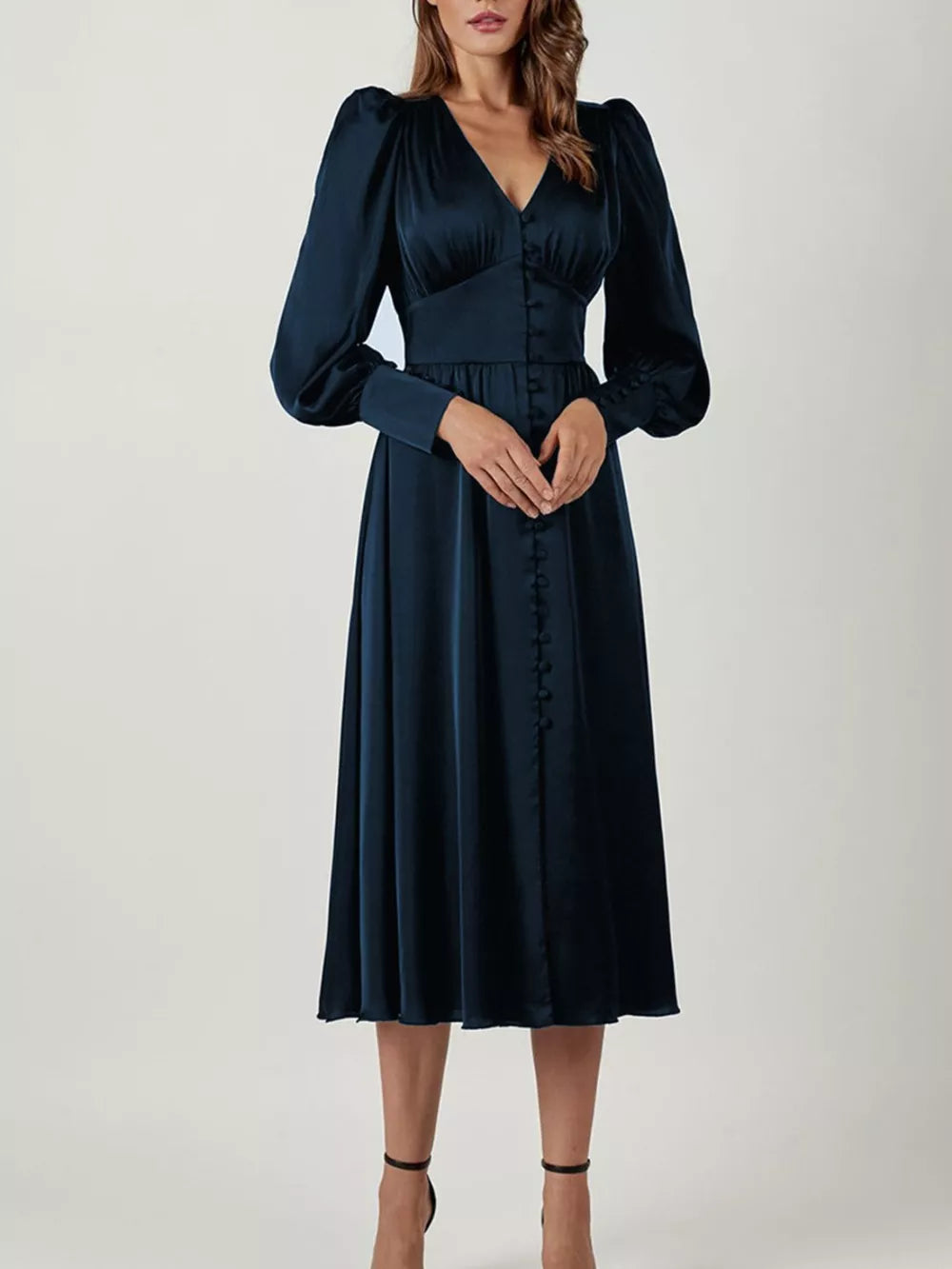 Elegant V-neck Puff Sleeve Button-down Midi Dress in White, view 22