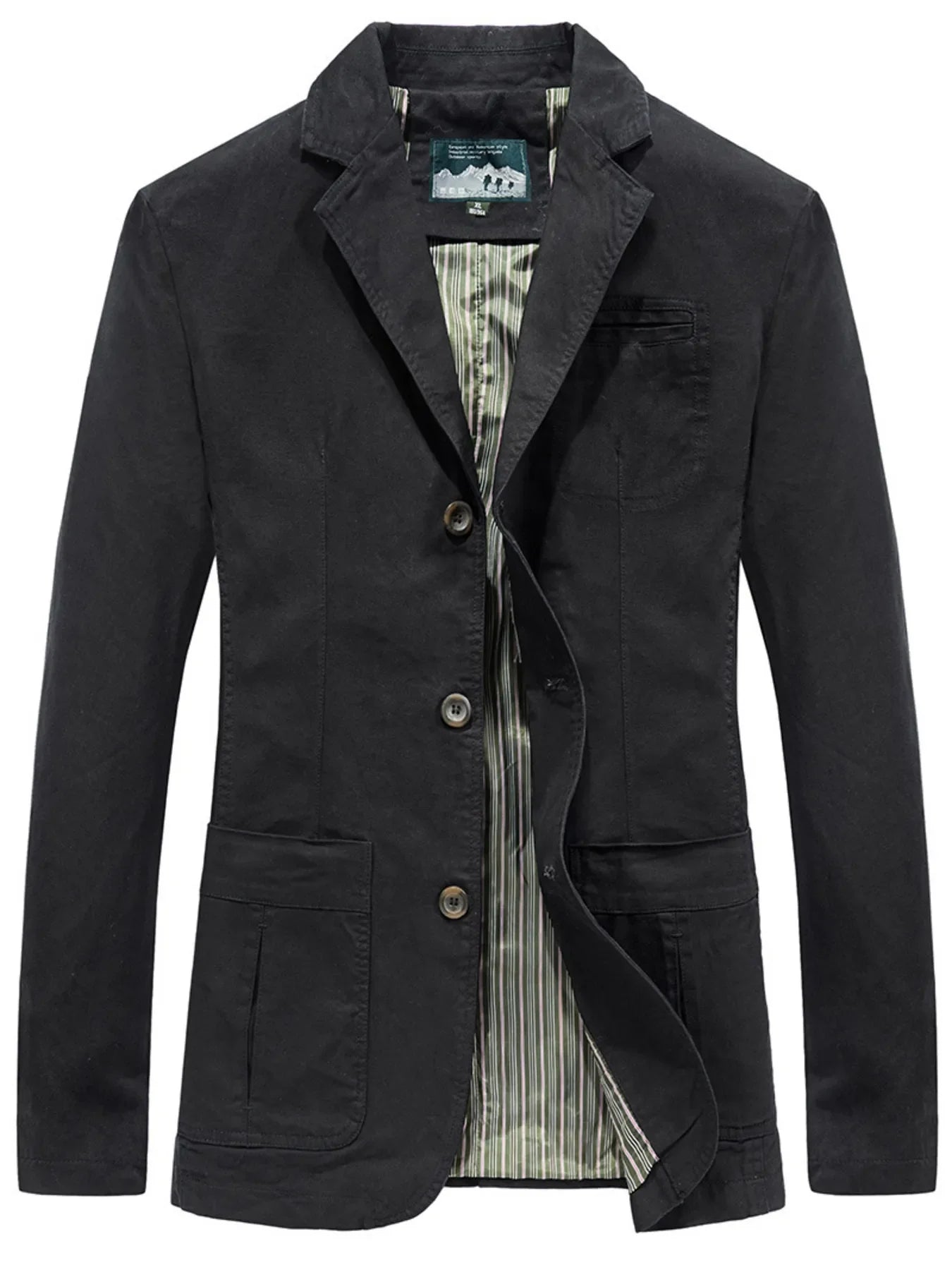 Black cotton slim fit casual button-up blazer with striped lining