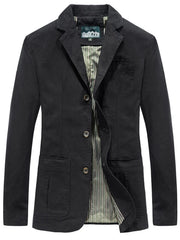 Black cotton slim fit casual button-up blazer with striped lining