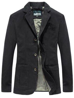 Black cotton slim fit casual button-up blazer with striped lining