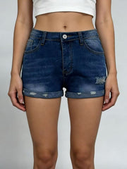 Dark blue distressed denim roll-up shorts with button fly and cuffed hems.