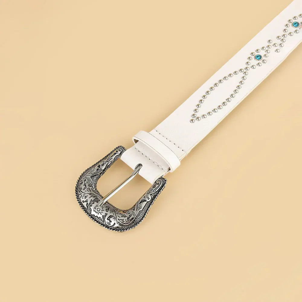 White faux leather belt with antique buckle and rhinestone studs