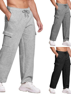 Men's gray and black fleece cargo joggers with drawstring waist and side pockets.