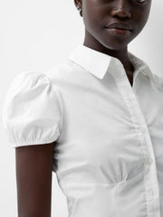 White puff sleeve maternity shirt with gathered waist and button front.