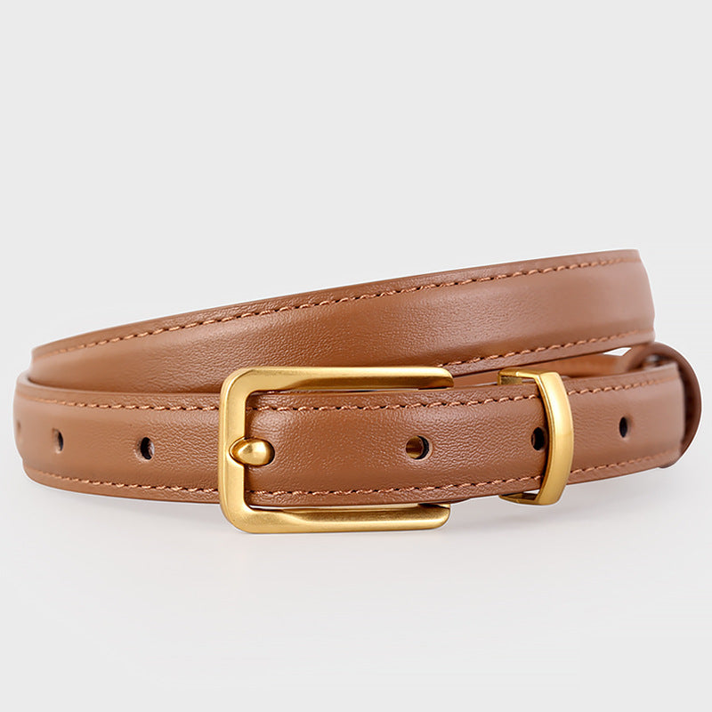 Brown cowhide leather skinny belt with gold buckle