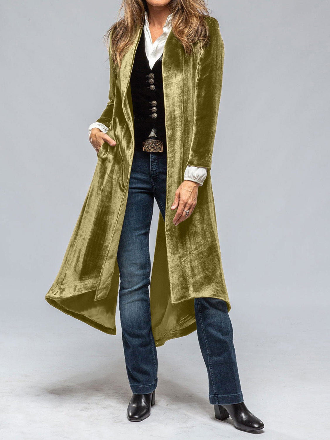 Velvet duster coat in champagne with a dramatic split back and pockets.